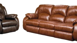 Durability meets design with this family tough and pet-friendly Eco-Leather sofa set. Caramel brown Eco-Leather recliner and sofa set, with plush cushioning and manual recline function, in a clean, family-friendly design.